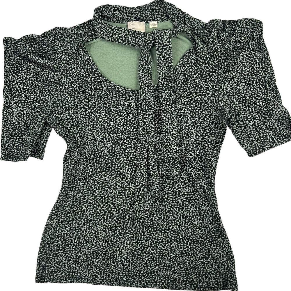 Postmark Antropologie Womens Floral Blouse Top Sz S Puffy Neck Tie Green
